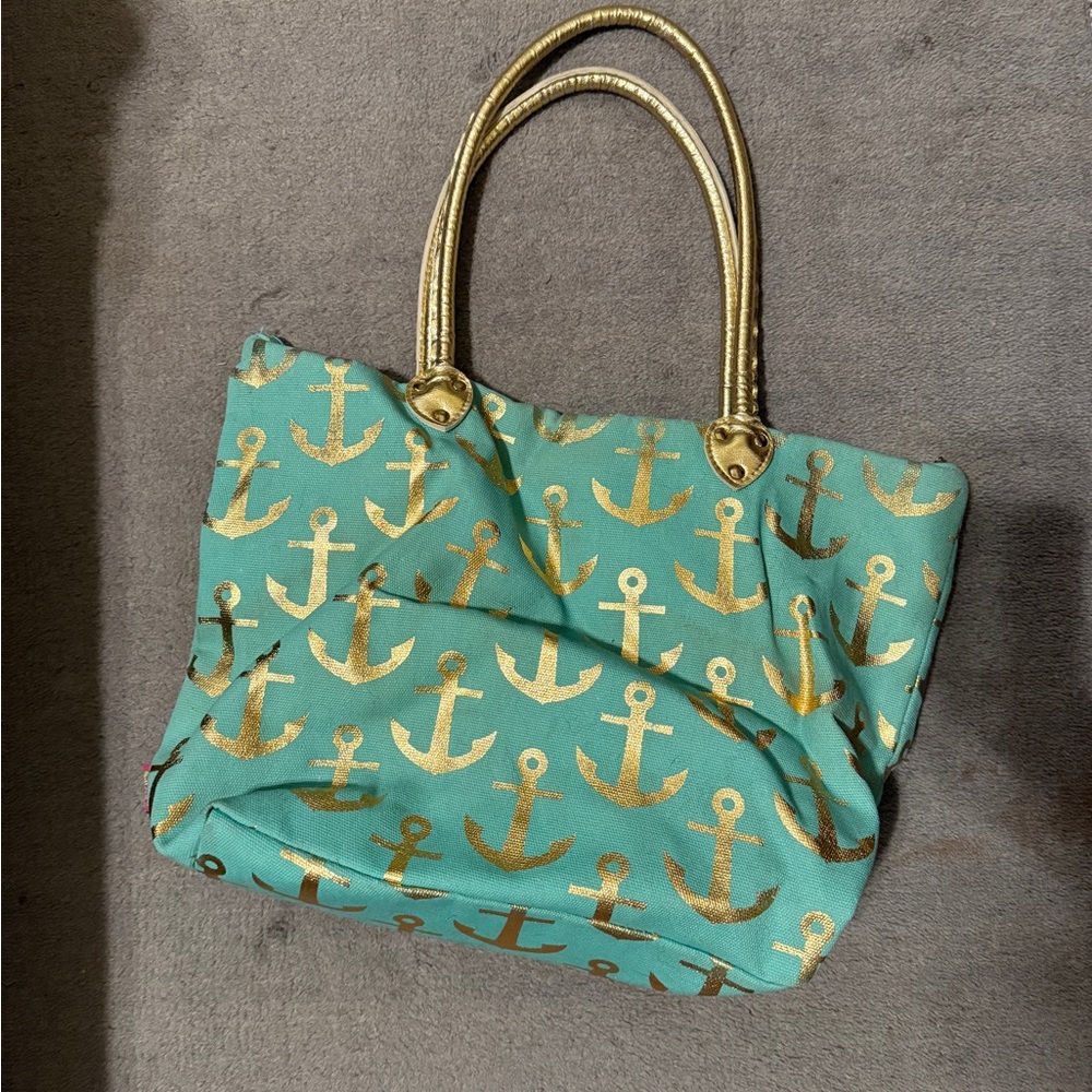 Metallic Gold Anchor Tote Bag Blue Nautical Beach Pool Carryall